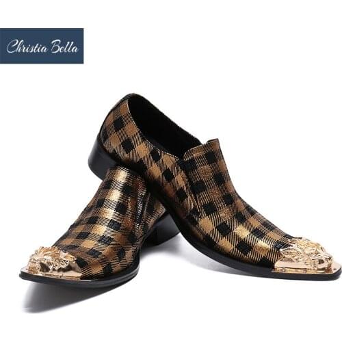 Christia Bella Fashion Lattice Genuine Leather Men Business Shoes Large Size Slip On Metal Pointed Toe Formal Dress Men Shoes