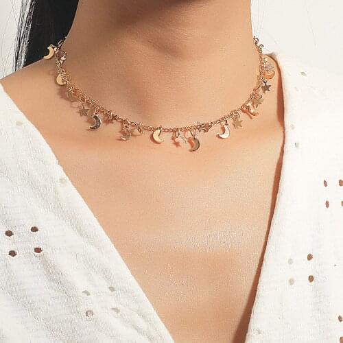 Gold Color Star Moon Party Women Pendant Necklace Fashion Female Choker Necklaces Jewelry Simple Ladies Tassel Jewelry Gift