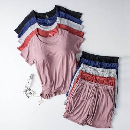 Modal plus size pajamas female summer two-piece suit with chest pad short-sleeved bra-t shorts half-sleeved casual home service