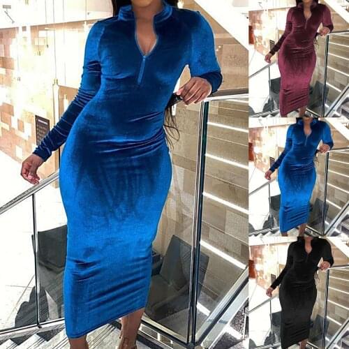 Women Dresses Autumn Winter Long Sleeve Solid Color Zipper Bodycon Midi Party Dress woman fashion 2020 elegant ropa de mujer