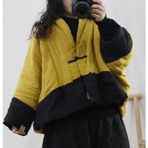 Johnature Women Bat Sleeve Vintage Parkas Yellow Linen Coats 2021 Autumn New V-Neck Warm Clothes Loose Female Button Parkas