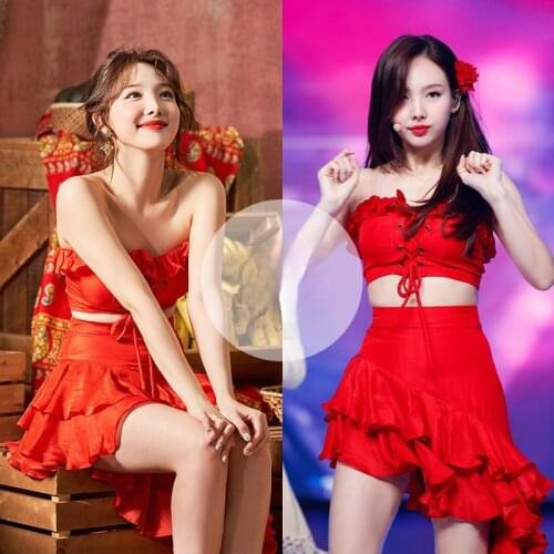Kpop TWICE Dance Show Sexy Red Strapless Short Lace-Up Tube Top Tops+Irregular Slim High Waist Ruffle Skirt Women Two-Piece Sets