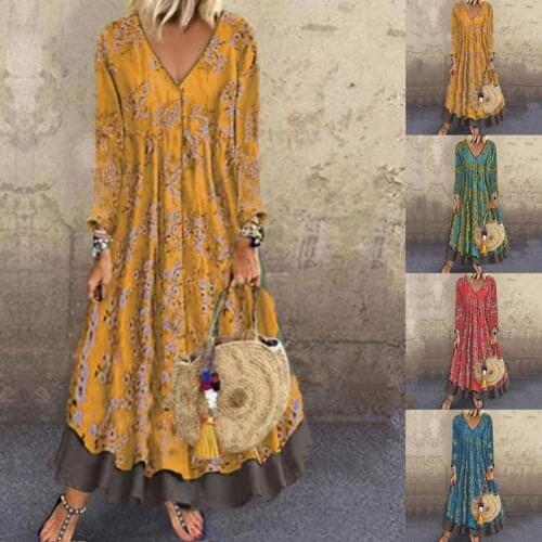 2021 new Women Dress Vintage Pattern Print V Neck Autumn Winter Fake Two Piece Ruffles Hem Dress for Vacation
