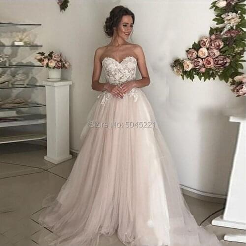 Beach Wedding Dresses Lace Sweetheart A-Line Appliques Tulle Long Princess Bridal Dress 2019 Light Pink Wedding Gown Arabic