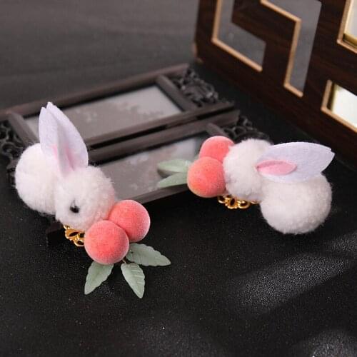 2pcs Plush Rabbit Hairpin with Tassel Chinese Style Cute Vintage Headdress Hanfu Clothing Accessories for Women Lady BN