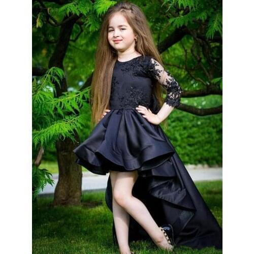 2020 Flower Girl Dresses A Line Jewel Long Sleeve High Low Girls Pageant Dresses With Lace Satin For Wedding Party First Communi