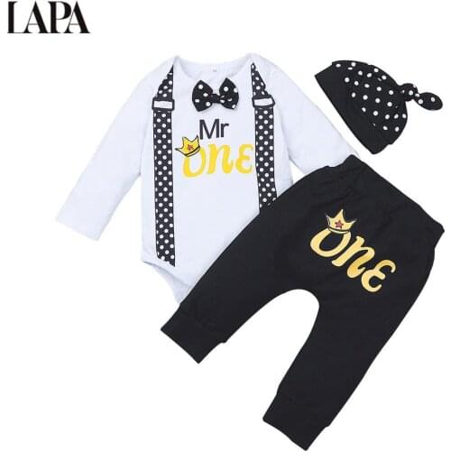 Infant Baby Boys 3 Pcs Clothes Set Long Sleeve Letter Printed Romper Pants Hat Suit Newborn Baby Boys Casual Outfits 0-12M