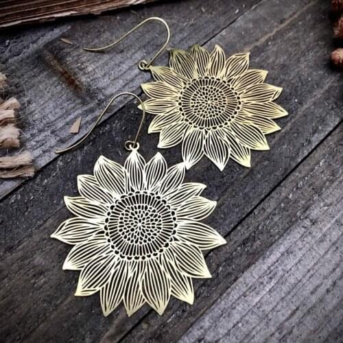 Large Sunflower Earrings / Flower Dangle Earrings / Gold Statement Earrings
