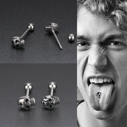 Skull Tongue Rings Piercing Jewelry Titanium Steel 316L Surgical 14G Vintage Punk Jewelry For Cool Men Women Free Shipping New