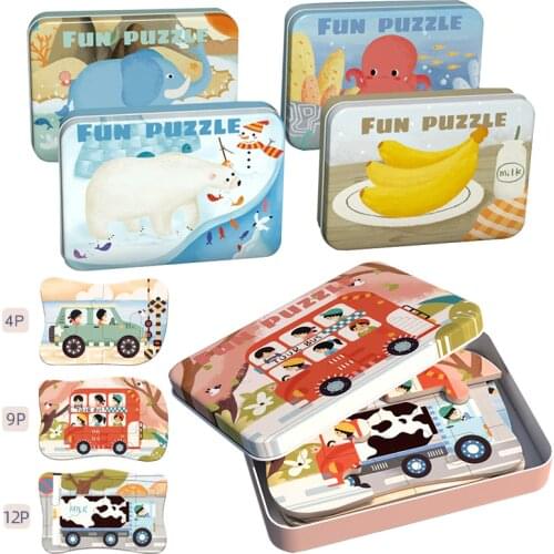 Wooden Five-In-One Advanced Iron Box Puzzle Childrens Toy Animal Traffic Fruit Matching Game Jigsaw Educational Toy For Children