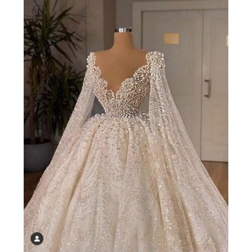 Elegant Vestidos De Novias Sweetheart Beaded Pearls Pleated Long Sleeve Ball Gown Wedding Dresses