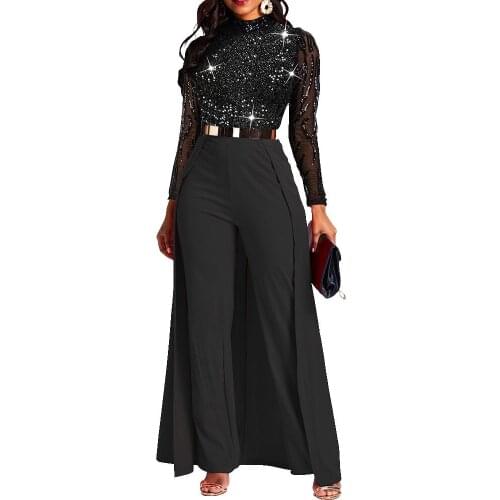 Elegant Black Sequined Jumpsuits Bodycon Long Sleeve High Waist Shinny Luxury Evening Party Night Dinner Rompers & Jumpsuits New