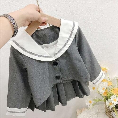 Fashion Preppy Girls Kids JK Uniform 2pcs Clothes Set Autumn Long Sleeve Children Coat Tops+Pleated Skirt Student Suit ADK405