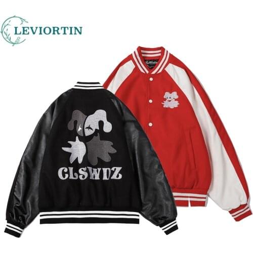 American Street Hip Hop Color Matching Baseball Jacket Male Wool Coat Fried Street PU Leather Bat Jersey Jacket Men And Women