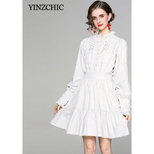 Fashion Woman Cotton Mid Dress Dots Hollow-out Female Casual A-line Skirt Casual Knee-length Solid Dresses Party for Lady