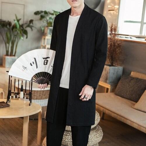 Chinese Style Men Outerwear Trench Coat Cotton Lapel Long Sleeve Open Stitch Cardigan Casual Vintage Jacket Streetwear KK3032