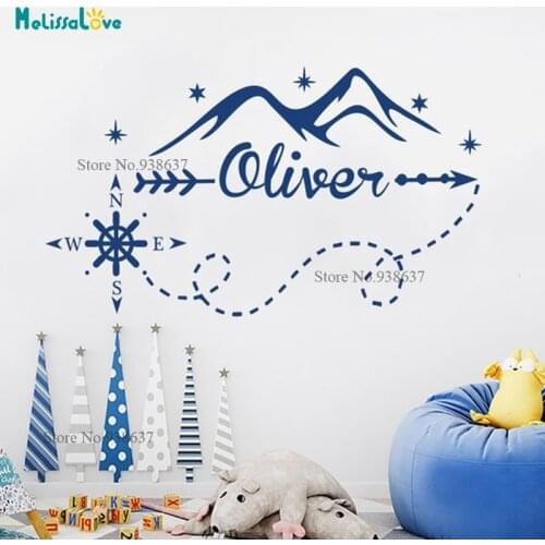Mountains Adventure Compass Custom Name Sticker Arrow Design Personlised Baby Room Decal Nursery Wall Sticker Decoration BA019