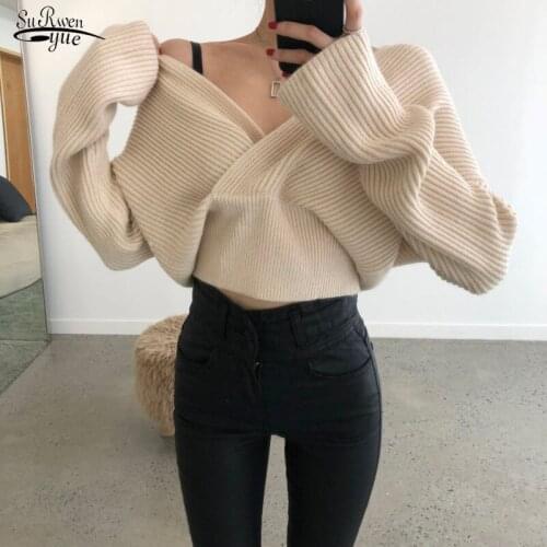 2021 Autumn and Winter New Womens Sweater Long-sleeved Tops Sexy Cross Collar Sweater Woman Korean Slim Bottom Knitwear 16059