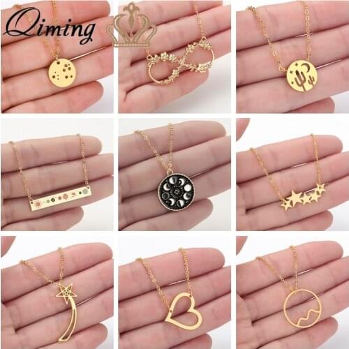 Stainless Steel Moon Phase Necklace Women Galaxy Jewelry Shooting Star Lunar Enamel Boho Pendant Gold Necklace Gift