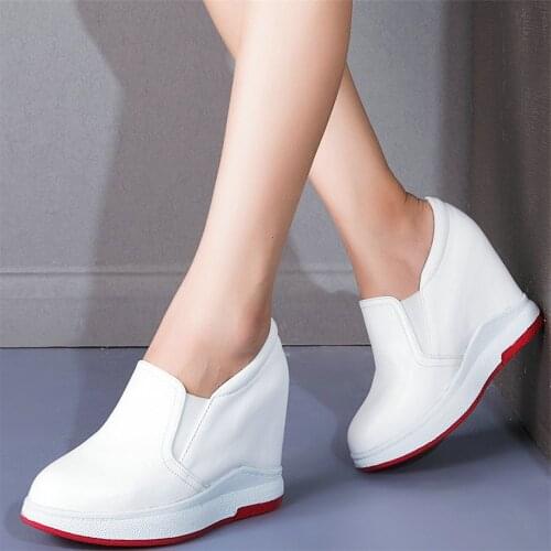 Casual Shoes Women Genuine Leather Wedges High Heel Ankle Boots Female Low Top Round Toe Fashion Sneakers Slip On Platform Pumps