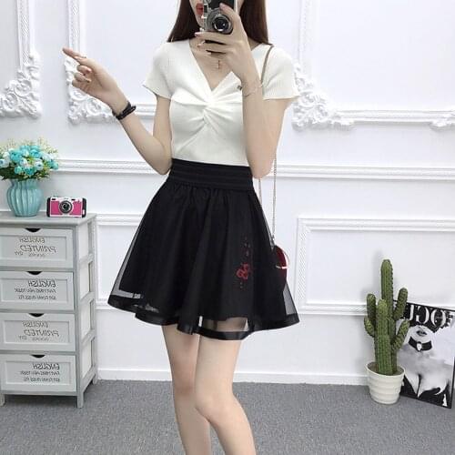 Spring Lady Sexy Mesh A-line Skirts All-match Printed Embroidery Pleated Short Bubble Skirts Daily Life