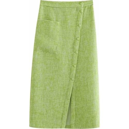 Aonibeier 2021 Za Woman Casual Traf Midi Skirt Autumn Button Split Side Tweed Woolen High Waist Green Pencil Skirt Jupe Femme