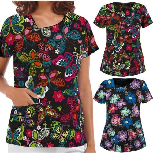 Women Nurse Uniform Plus Size Summer Short Sleeve Asym-neck Flower Prints Top Clinic Working Uniform T-shirts медицинская одежда
