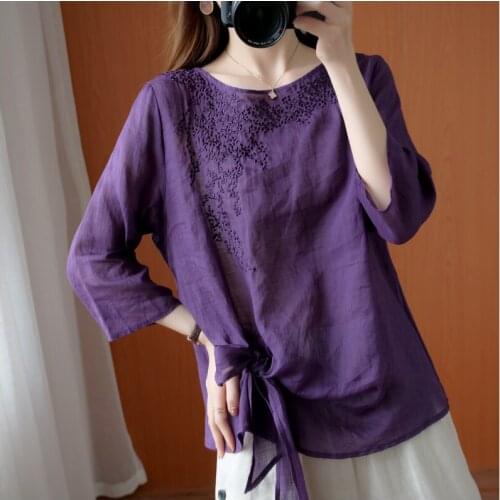 Embroidery Cotton Linen Women T-Shirts 2021 Summer Vintage O-Neck Solid Half Sleeved Loose Female Pulls Outwear Tops Tees