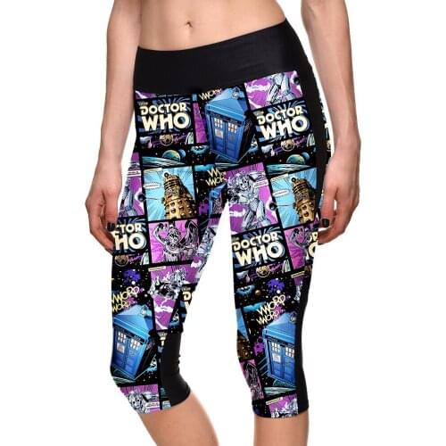 Women Cartoon Capris Spliced Pocket Printing Plus Size Running Gym Bodybuilding Fitness Leggings 6 Patterns