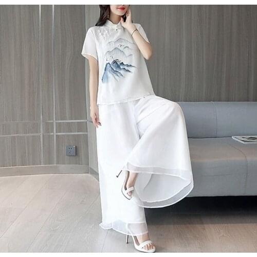 Summer Embroidery Shirt+pants Qipao Suit for Women Modern Chinese Clothing Traditional Mandarin Collar Cheongsam Top Pants Set