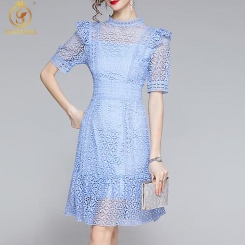 SMTHMA 2021 New Fashion Ruffle Runway Summer Dress Women Stand Collar Lace Hollow Out Ladies Party Dresses Vestidos