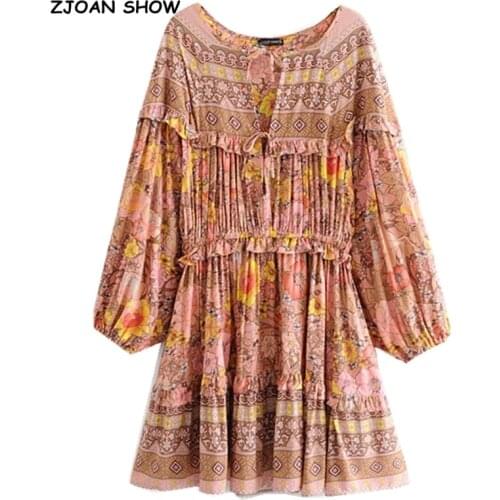 2019 New Women Bohemian Lacing up bow O neck Floral Print Dress Spliced Wood ear Ruffles Lantern Long Sleeve Knee Length Dresses