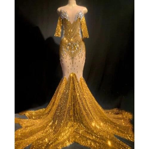 Crystals Sexy Ladies Singer Full Rhinestones Sequined costume Mesh Women Dress DJ DS Elegant Homecoming Evening Party dress