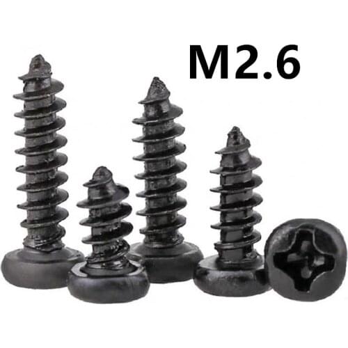 1000pcs/lot M2.6x6/8/10/12/14/16mm GB845 PA Black 304 stainless steel round head micro pan head cross tapping screw