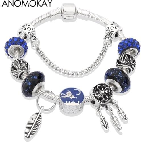 Antique Silver Plated Leaf Dream Cather Bead Bracelet Royal Blue Star Sky Murano Charm Bracelet Diy Jewelry for Men Child Gift