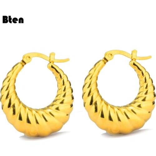BTEN 2020 New design Gold Color classic Stainless Steel Women Hoop Earrings Girls Fashion Earrings Round diameter 25mm