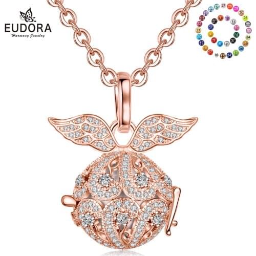 EUDORA 14mm Rose Gold Pregnancy Bola Necklace Bowknot Box Cage Necklace with clear Crystal Pregnancy Jewelry for wife Gift K404R