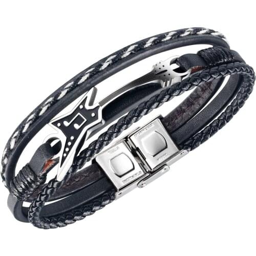 Cyue European Men Boy Braided Multi-layer Leather Bracelet Musical Note Charm Stainless Steel Button Wristband ZYLB0180