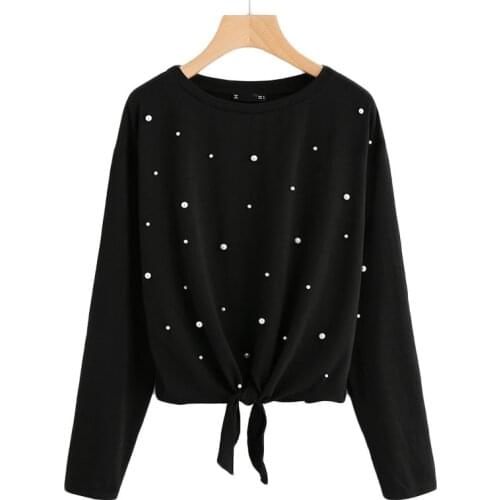 Pearl Beaded Knot Front Cute Tee Shirt Black Casual T shirt for Women Long Sleeve Round Neck Women T-shirts Women Clothing