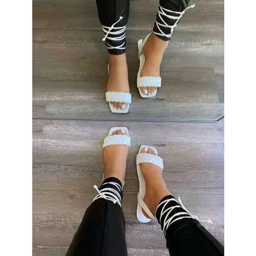 Fashion solid color casual knitting 2021 summer new style ankle strap flat open toe outdoor womens sandals