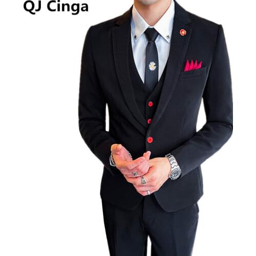 Mens Black Suits 3 Piece Groom Slim Fit Wedding Formal Tuxedo Business Red Button Tuxedos Blazer & Pants & Vest White Men Sets