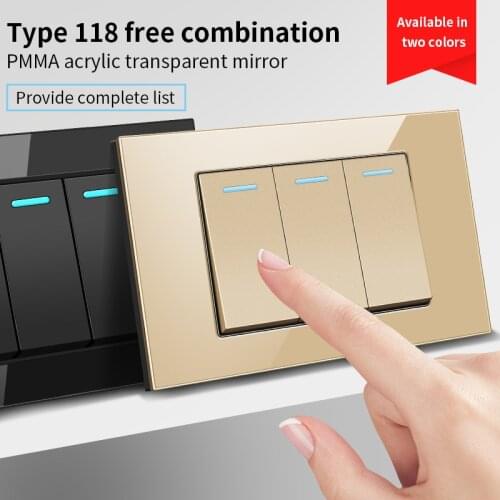 KAMANNI Tempered Glass Minimalist Style 118 Type Wall Light Switches Socket Gold 2 Way Switch 114x72mm AC 110-250V For Lighting