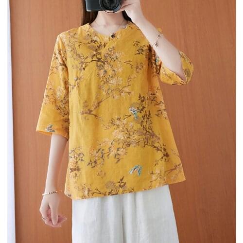 2021 New Summer Chinese Style Print Blouse Vintage Plus Size Casual Loose Elegant Women Shirt Cute Blouses