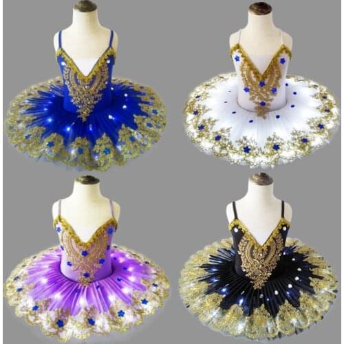 Luminous Kids Ballet Dance Dress for Stage LED Light Professional Swan Lake Performance Tutu Girl Jumpsuit Pancake Dancewear 90