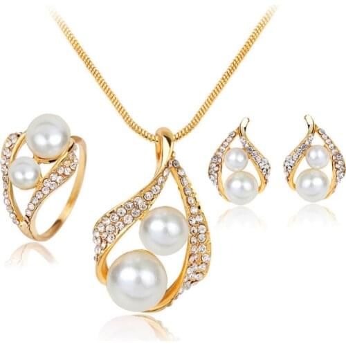 New Fashion Charming Jewelry Simulated-pearl Necklace/ Ring/ Earrings Three-piece Jewelry shipping