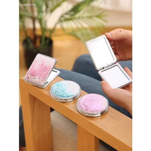 Quicksand Small Mirror Makeup Mirror Portable Portable Folding Student Cute Cartoon Girls Heart round Double-Sided Mirror