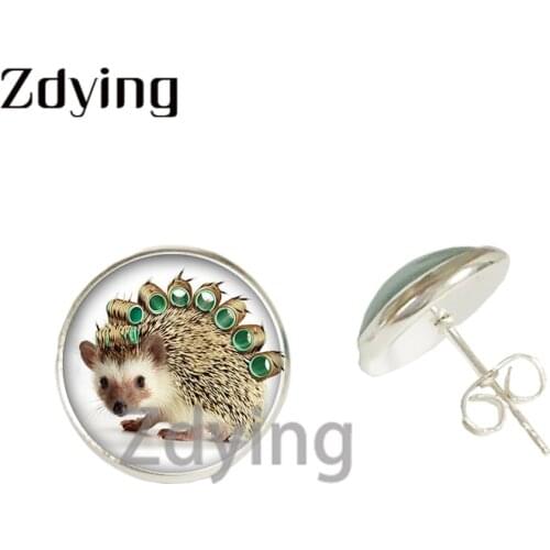 Zdying Cute Hedgehog Girls Kids Stud Earrings Glass Photo Cabochon Dome Earrings For Woman Party Birthday Jewelry Gift HE022