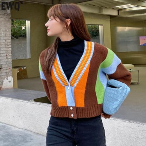 [EWQ] Korea Chic Cardigan Yellow Women Overcoat Contrast Queen Autumn Clothing 2021 New V-neck Loose Long Sleeve Sweater 16E2814