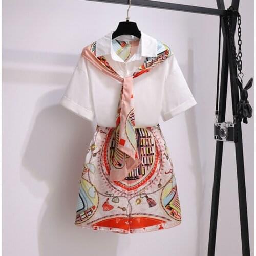Fashion Women 2 Piece Sets Splicing Printed Scarf Cross Lace-up Shirt + High Waist Wide Leg Shorts Suit Womens 2020 Summer New