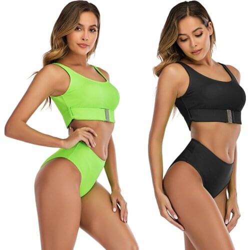 2020 Womens Swimsuit Sexy High Waisted Sport Suit Solid Bikini Pit Bar Swimsuit Split Button Bikini Beach Play Essential